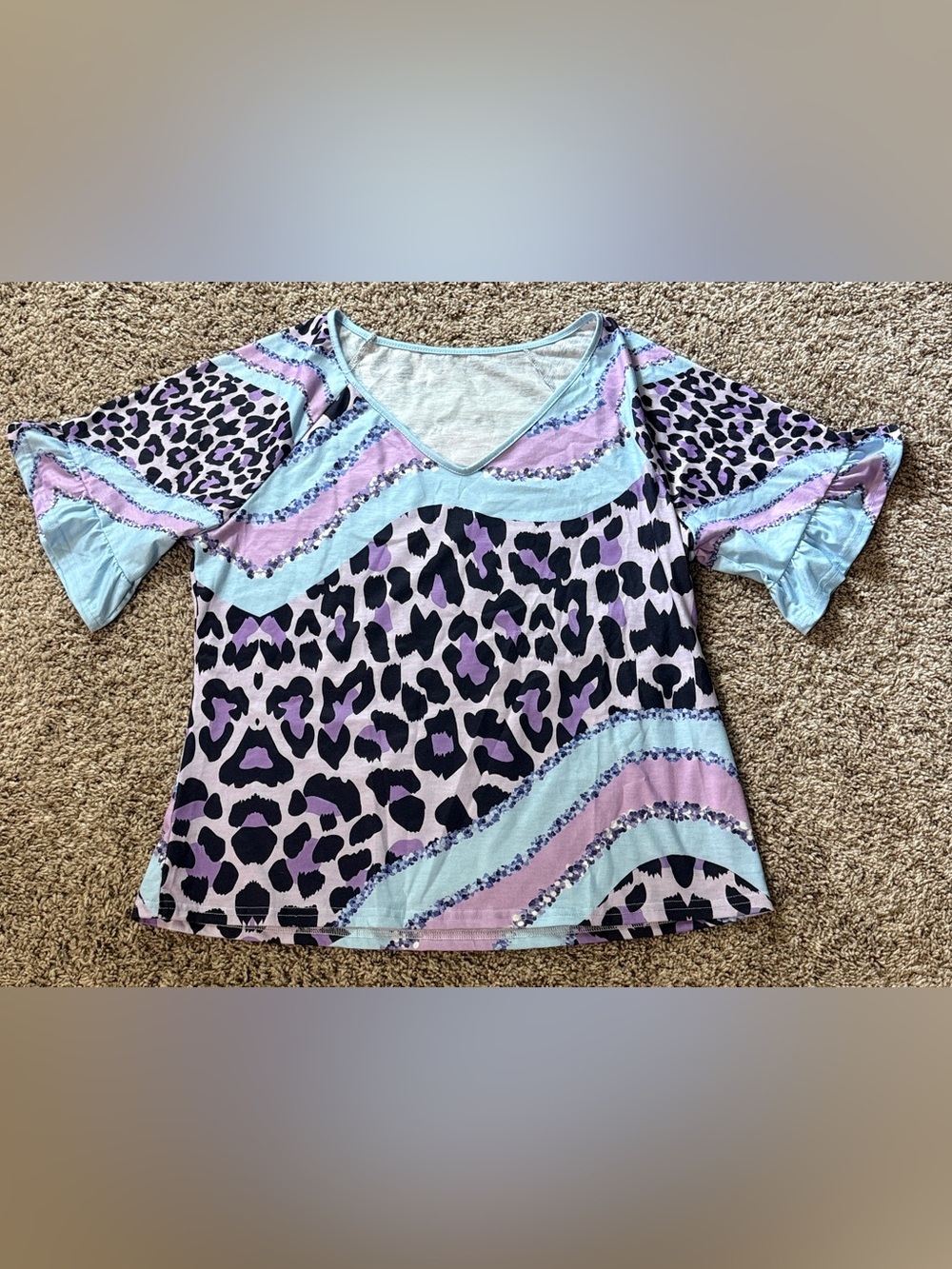 Vibrant Lavender & Aqua Animal Print V-Neck Top